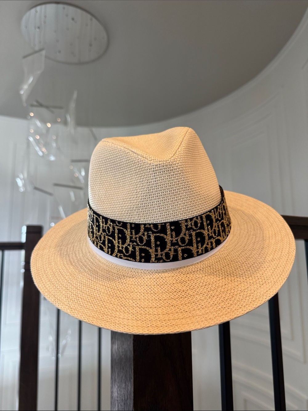 Source Unknown Beige Straw Fedora with Black and Gold Logo Band